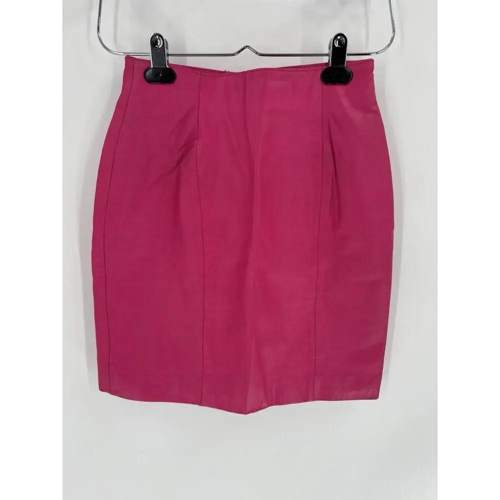 Chia Vintage Hot Pink Leather Skirt Womens 4 Short Zip Up Lined 80s 90s Retro